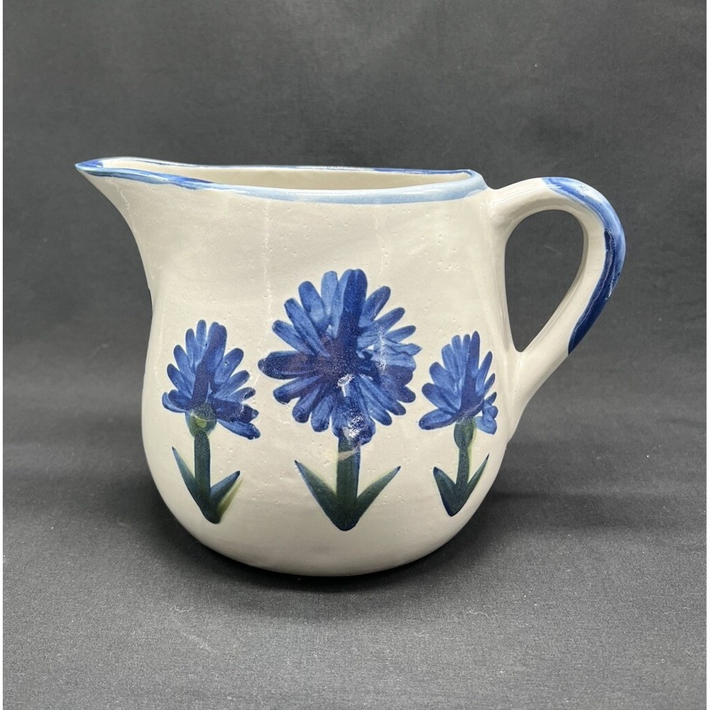 Louisville Stoneware Blue Floral Pitcher Hand Painted Kentucky Pottery 5.5 inch